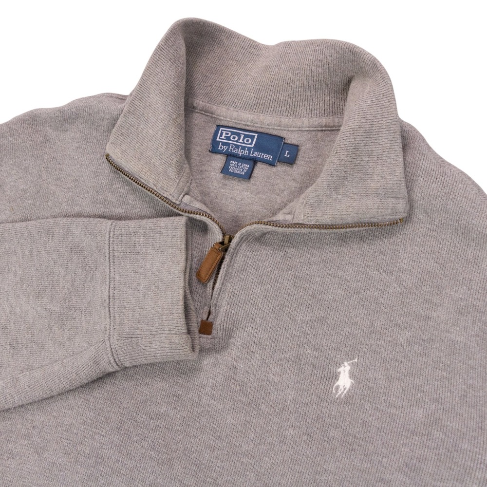 VTG Polo Ralph Lauren Y2K 1/4 Zip Sweater Mens L Gray Cotton Leather Pull Logo